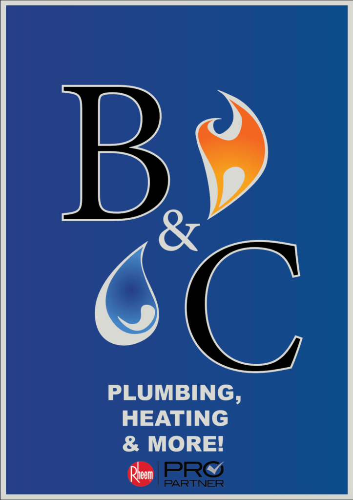 Big Black Text With Gray Outline "B" In Top Left, and "C" In Bottom Right, A Gray "&" In Between. Orange And Yellow Gradient Fire On Top Of "C" And A Dark Blue And Light Blue Gradient Water Droplet Under "B".
Underneath Is The Gray Text "Plumbing, Heating & More!" Along With The Rheem ProPartner Logo.