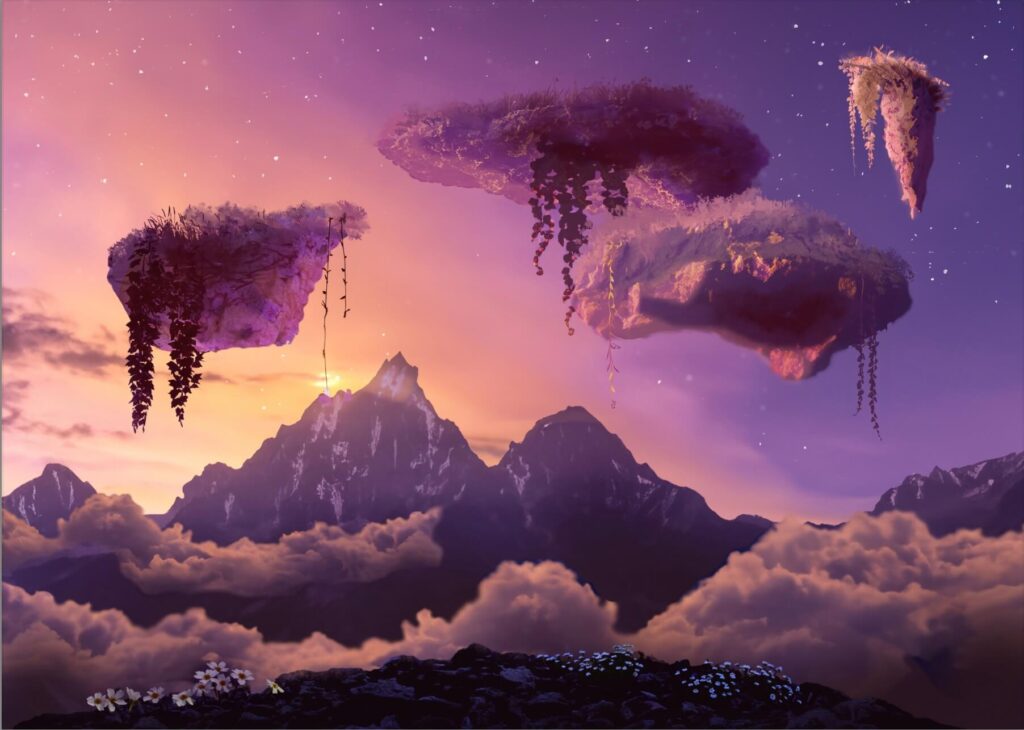 Dark Purple Mountains Peaking Out Of Pink-ish Purple Clouds, Floating Islands In A Purple, Pink, Orange, And Yellow Sunset, Along With Stars And Flowers.