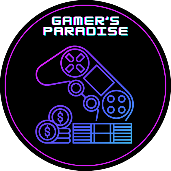 Black Circle with Neon Pink Circle Outline Inside It And White Text "Gamer's Paradise" Above Game Controller Outline With Pink, Purple, Blue Neon Colors.