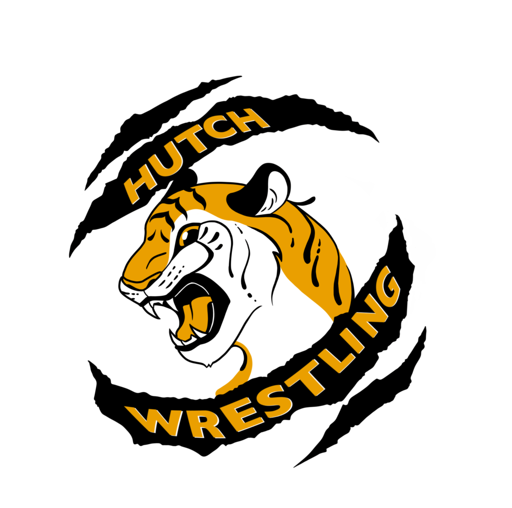 Orange Tiger Roaring Between Black Claw Scratches With Orange Text "Hutch" In Top Scratch And Orange Text "Wrestling" In Bottom Scratch.